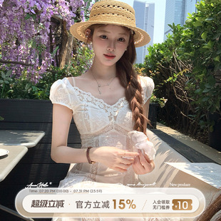 Acaine白瑰之夏 气质裙子 白色长款 v领镂空收腰a字连衣裙女夏法式