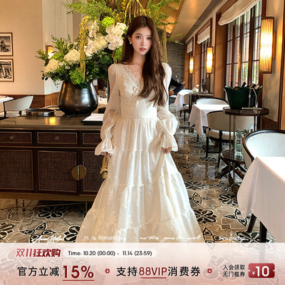 Acaine杏色长袖v领收腰连衣裙女秋法式复古气质高级感喇叭袖裙子