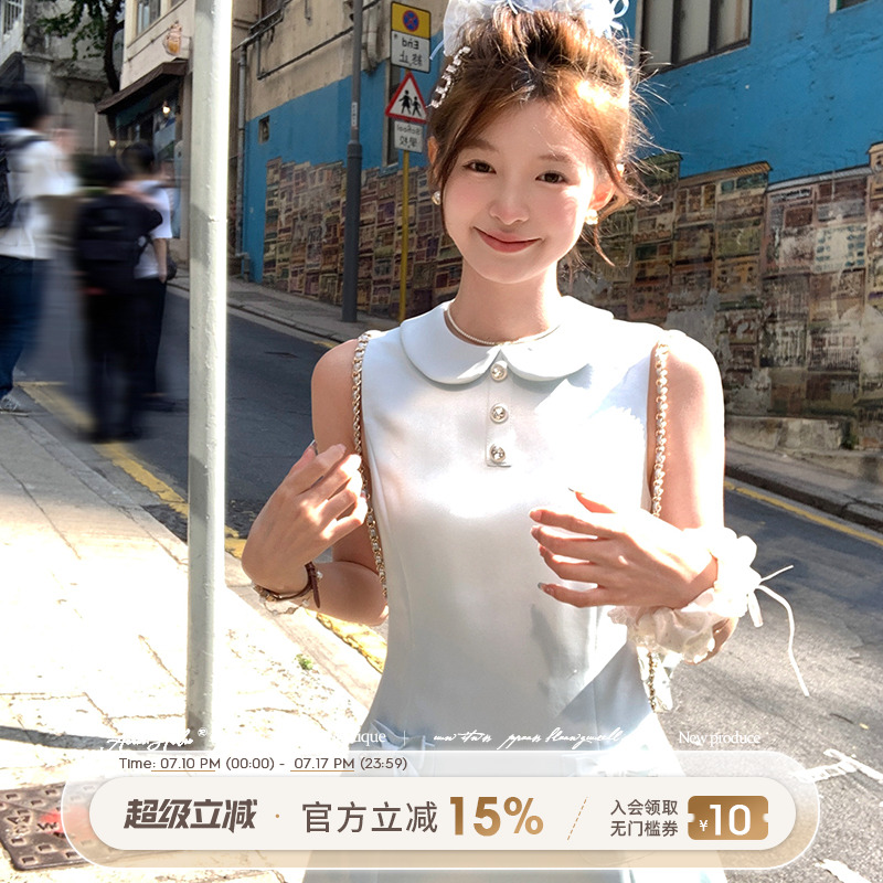 Acaine甜漫千金/蓝色缎面娃娃领无袖收腰连衣裙女夏法式气质裙子