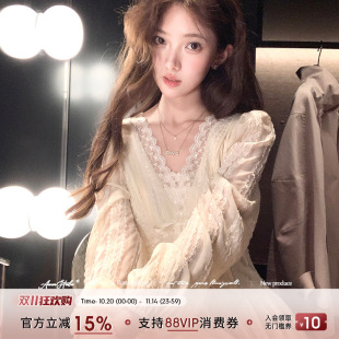 法式 雪纺连衣裙女秋季 复古气质显瘦a字裙子 v领收腰长袖 Acaine长款