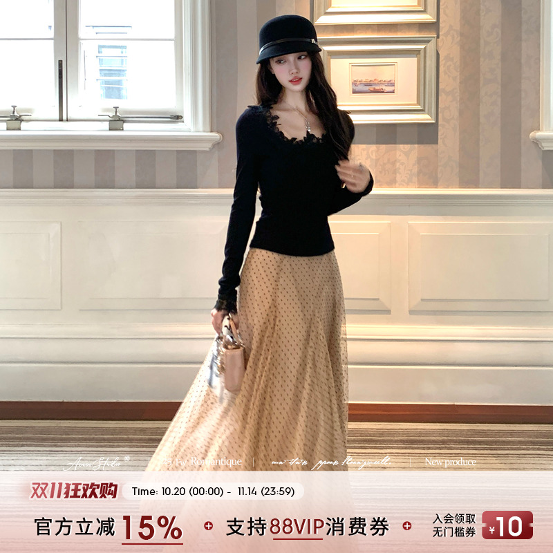 Acaine香香波点/中长款a字波点网纱半身裙女秋季法式气质百搭裙子