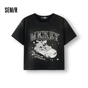 [商场同款]森马迪士尼合作系列短袖T恤女短款2025夏新款做旧上衣
