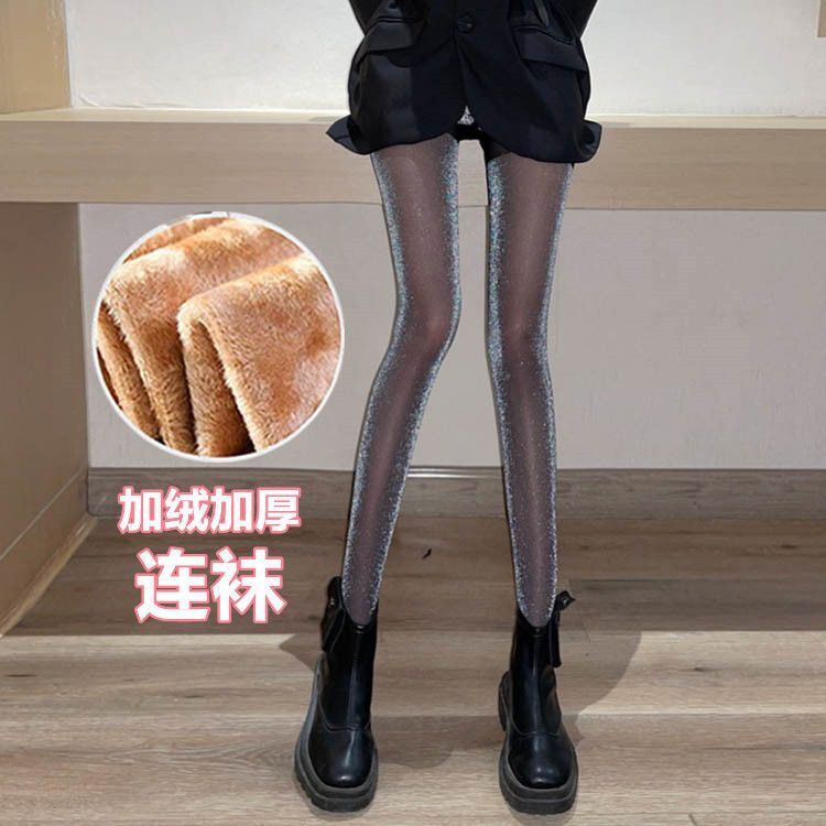 秋冬季珠光丝袜子银葱加绒加厚假透肉连裤袜银丝亮丝保暖打底裤女