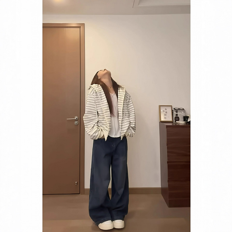 韩系松弛感慵懒条纹连帽卫衣女秋