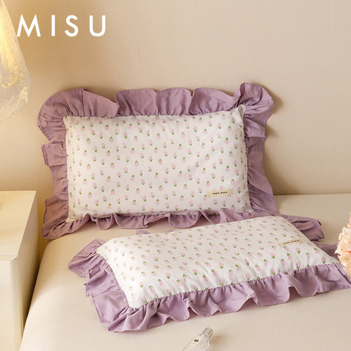 米苏荷叶边双层纱纯棉枕套女生