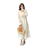 春季薄纱白色连衣裙女2025新款今年流行法式收腰绝美超仙V领长裙，女装连衣裙，浙宝160