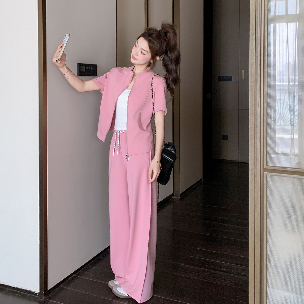 粉色休闲运动套装女夏季2025新款洋气减龄短袖上衣阔腿裤两件套女,女装套装/套裙,浙宝160