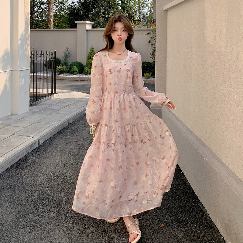法式浪漫方领粉色蝴蝶印花连衣裙女2025新款春季时尚百搭长袖裙子,女装连衣裙,浙宝160