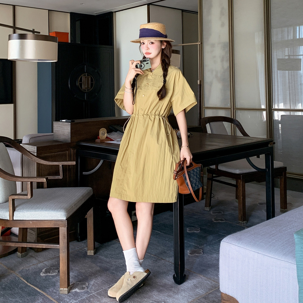 小个子显高穿搭工装连衣裙女夏季2025新款流行抽绳收腰显瘦衬衫裙,女装连衣裙,浙宝160