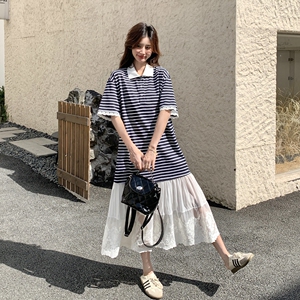 韩版学院风撞色条纹连衣裙女2025夏季新款减龄假两件蕾丝拼接长裙图片