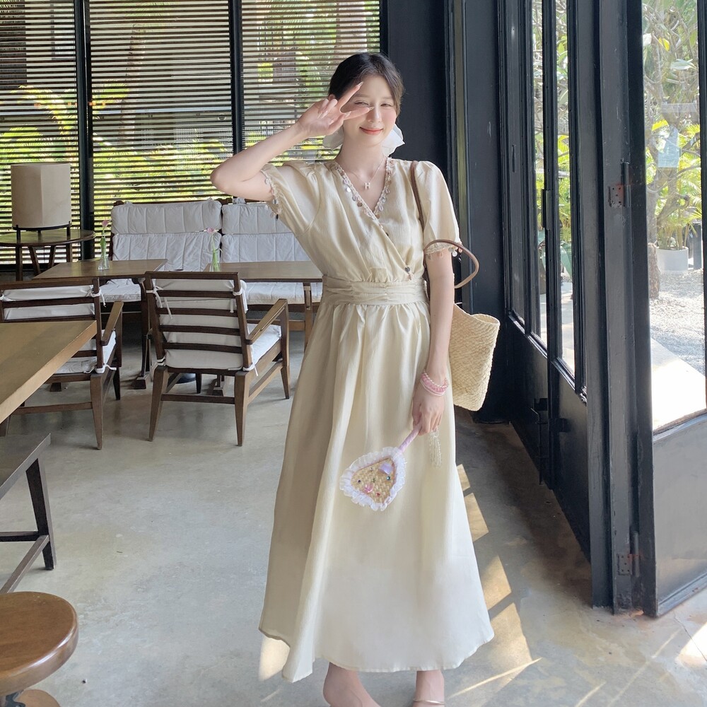 高级感V领长裙2025年夏季时尚气质优雅显瘦纯色中长款连衣裙女,女装连衣裙,浙宝160