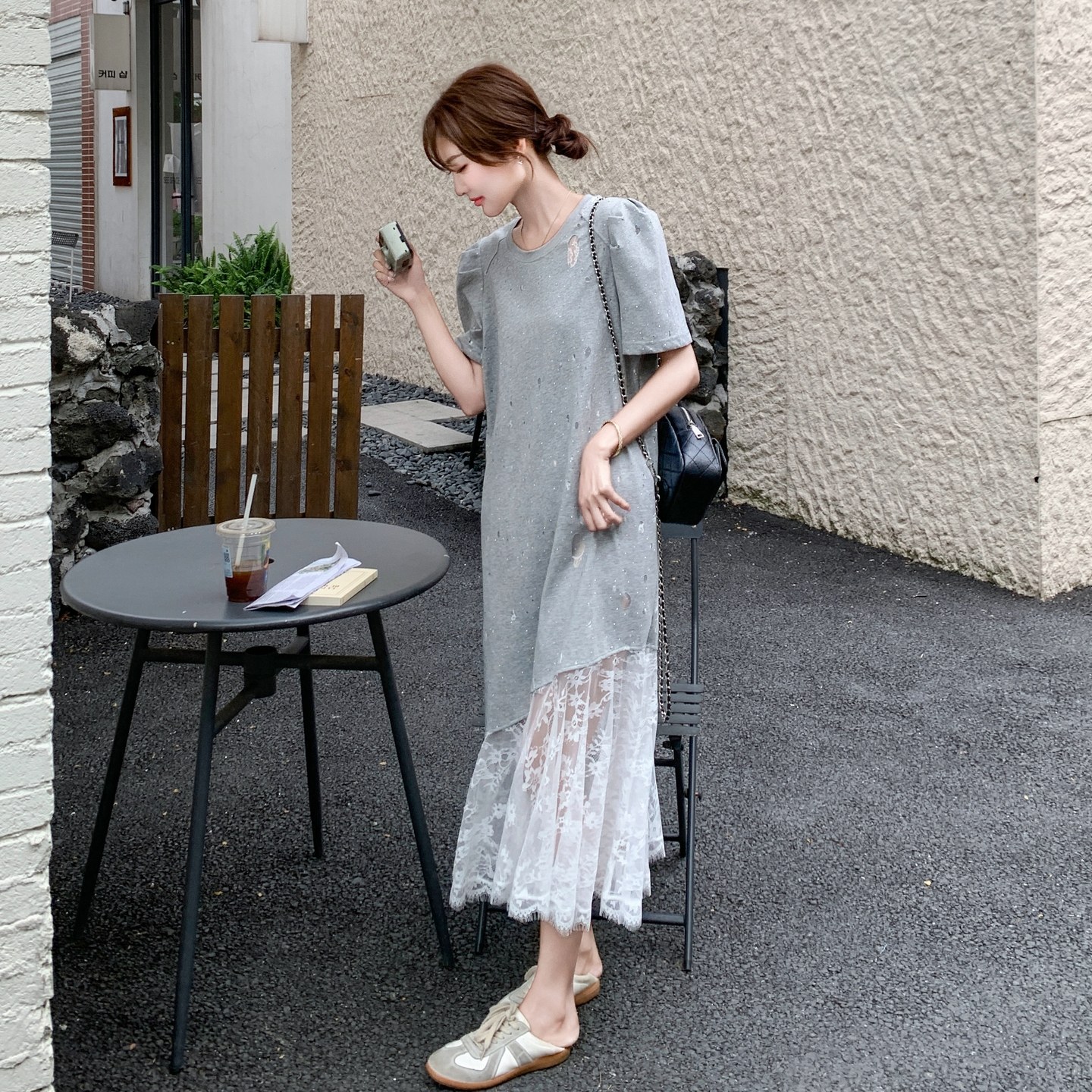 灰色蕾丝拼接连衣裙女2025年夏季新款韩系设计感气质减龄T恤长裙,女装连衣裙,浙宝160