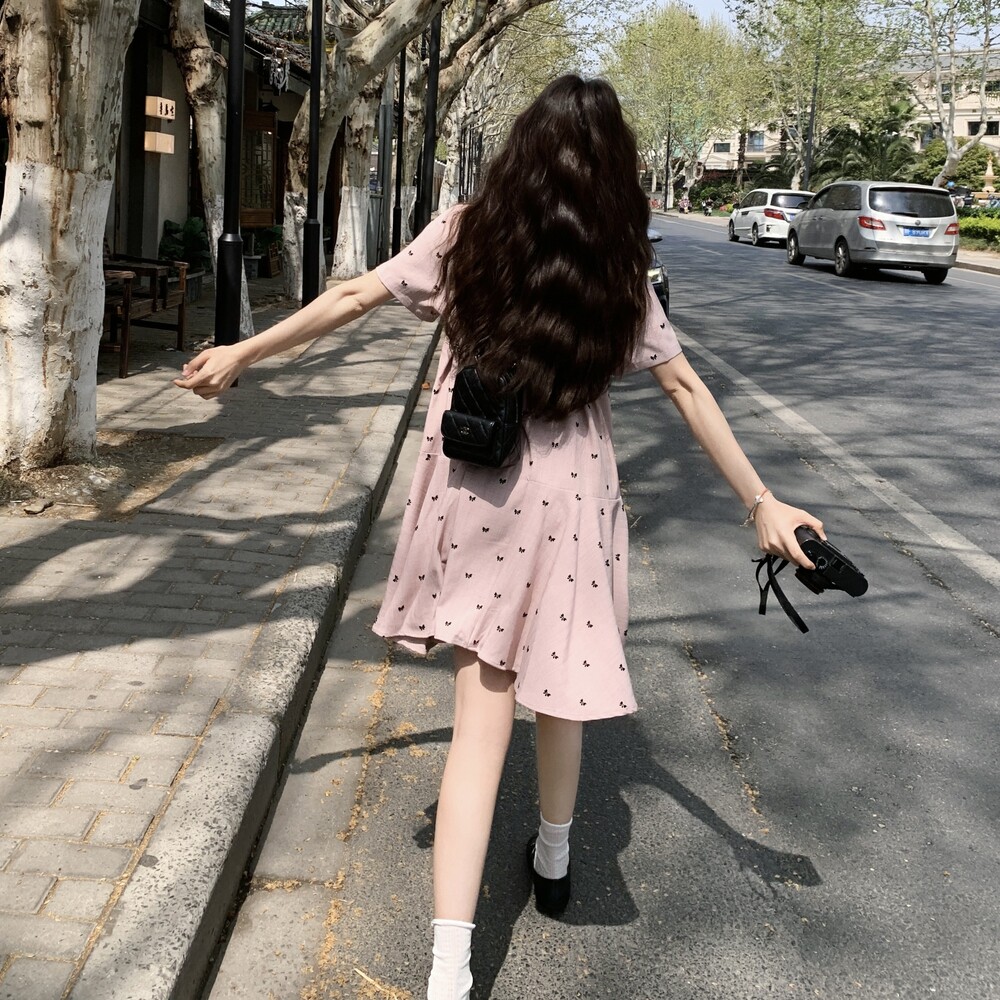 粉色温柔风时尚法式短裙女夏新款显瘦短袖学院风减龄蝴蝶结连衣裙,女装连衣裙,浙宝160