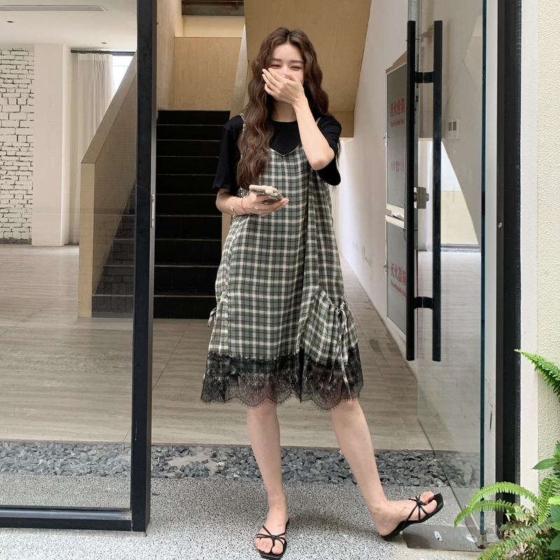 文艺复古格纹吊带连衣裙套装女夏2025新款简约黑色T恤减龄两件套，女装套装/套裙，浙宝160