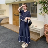 深蓝色小香风套装裙女2025超火盐系轻熟穿搭蕾丝拼接半身裙两件套，女装套装/套裙，浙宝160