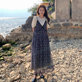 茶歇法式碎花连衣裙女两件套2025夏季新款温柔风雪纺衫吊带裙套装，女装连衣裙，浙宝160