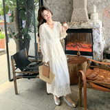 春季薄纱白色连衣裙女2025新款今年流行法式收腰绝美超仙V领长裙，女装连衣裙，浙宝160