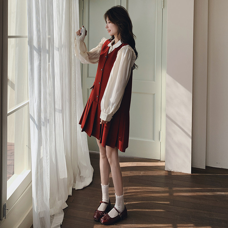 红色小香风连衣裙套装女2025春季新款超好看减龄衬衫背心裙两件套,女装套装/套裙,浙宝160
