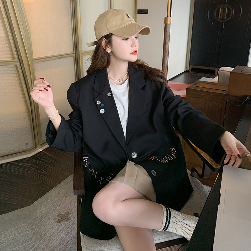 黑色感高级气质女神范西装外套女春季新款宽松刺绣休闲小西服上衣,女装,浙宝160
