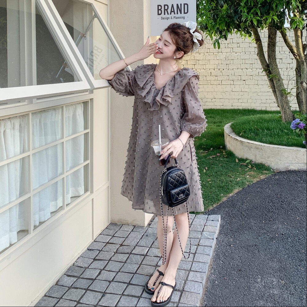 灰色荷叶边拼接连衣裙女2025夏季新款法式设计感小个子减龄a字裙,女装连衣裙,浙宝160