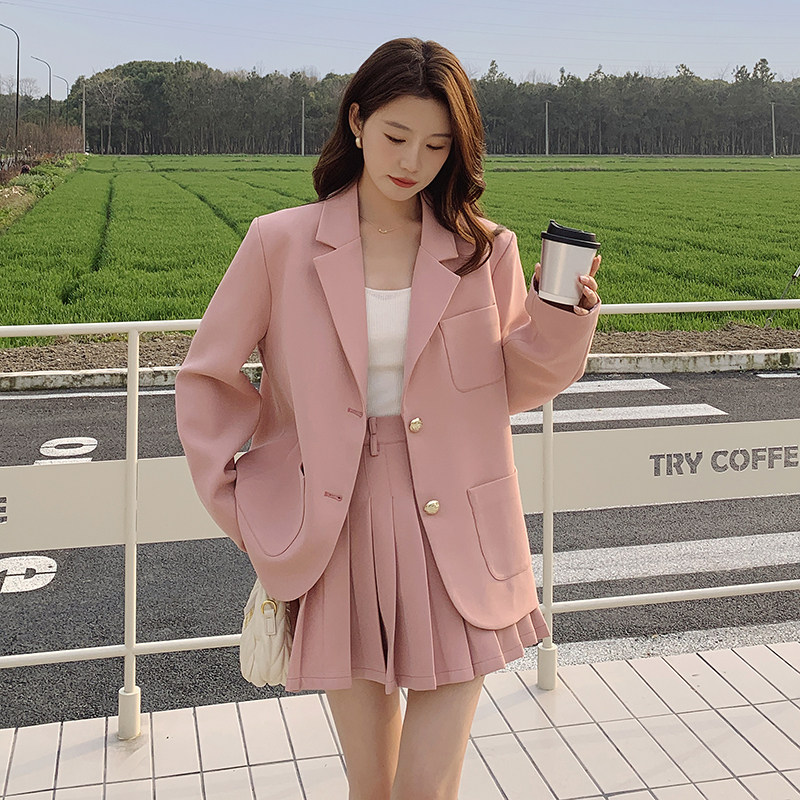 温柔风穿搭粉色西装套装女春秋2025新款职业西服配百褶短裙两件套,女装套装/套裙,浙宝160