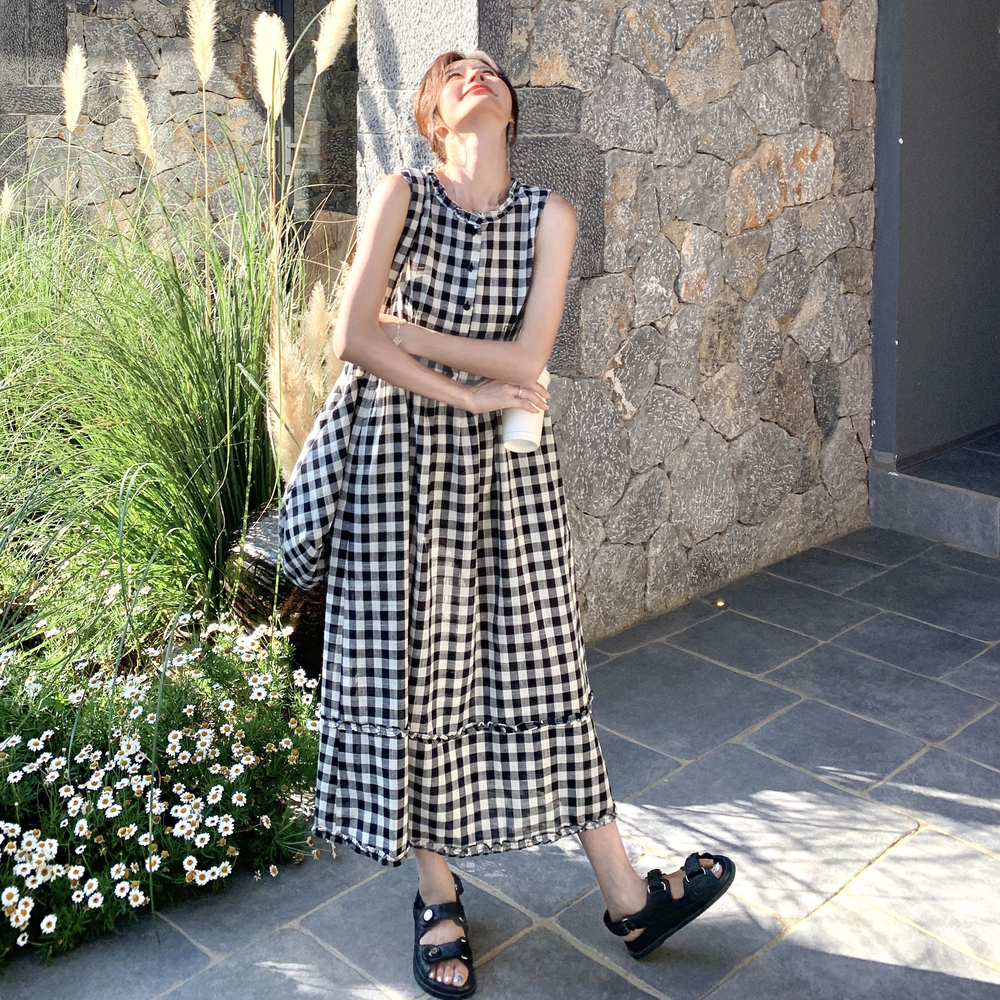文艺复古格子连衣裙女2025夏季新款法式设计感收腰显瘦无袖背心裙，女装连衣裙，浙宝160