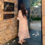 法式优雅气质碎花粉色连衣裙女2024夏季新款收腰甜美度假风长裙子，女装连衣裙，浙宝160