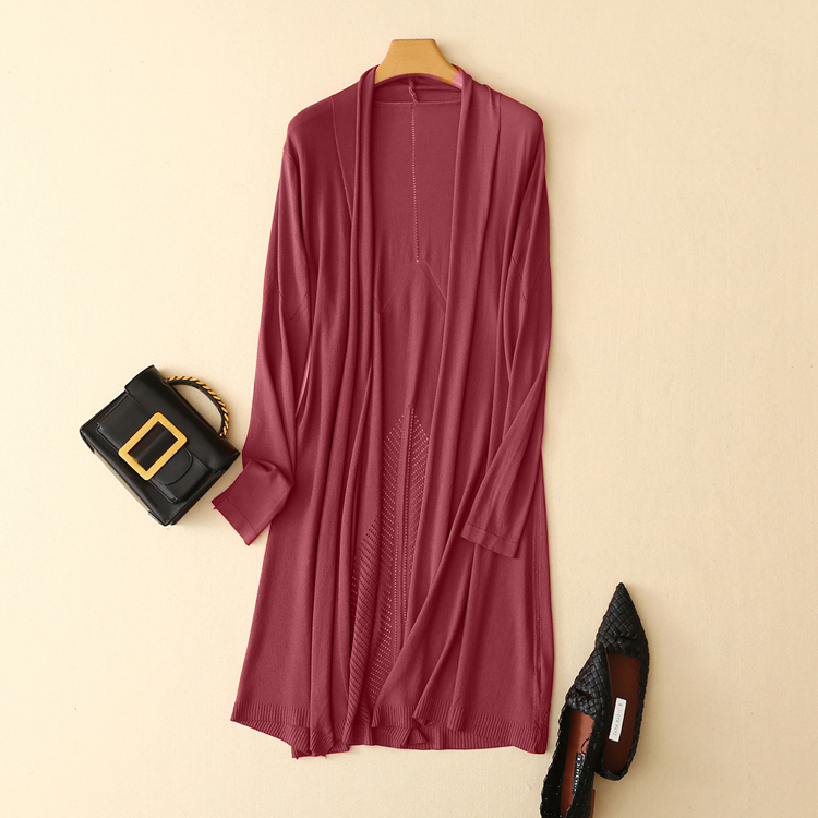 春秋新款简约纯色中长款针织开衫女修身百搭长袖薄外套空调衫披肩