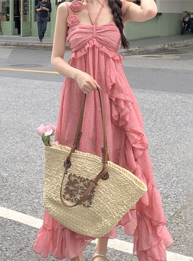 设计感不规则玫瑰吊带连衣裙度假风露背海边长裙系带花朵沙滩裙