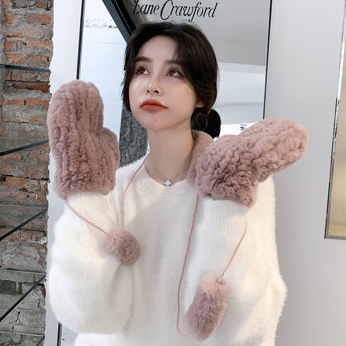 女士秋冬兔绒毛茸茸韩版全指手套