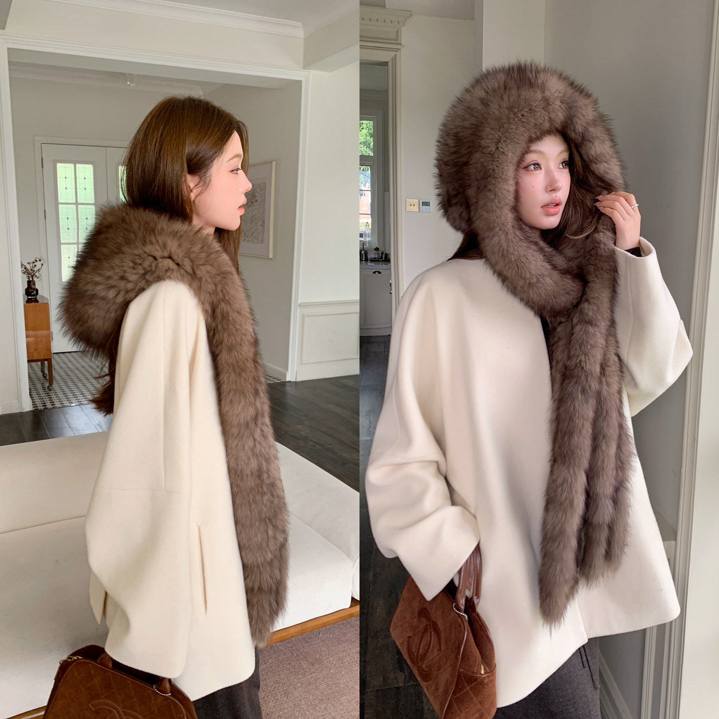 长期主义穿搭狐狸毛围巾帽子一体仿紫貂色真毛毛风雪帽护耳冬保暖