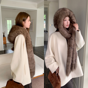 长期主义穿搭狐狸毛围巾帽子一体仿紫貂色真毛毛风雪帽护耳冬保暖