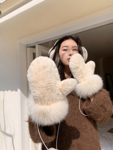 高级感獭兔毛挂绳皮草手套 加厚保暖冬季 狐狸毛真毛毛女连指可爱