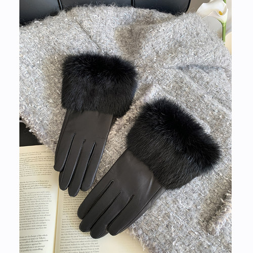 新品兔毛真皮手套女 秋冬季加绒加厚保暖户外开车棉羊皮手套送礼