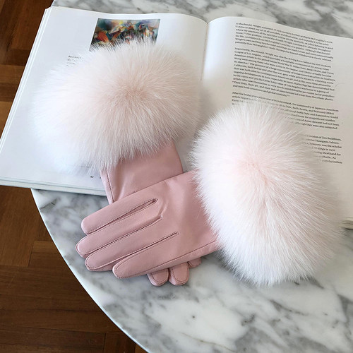 韩版绵羊皮狐狸毛冬季多色手套