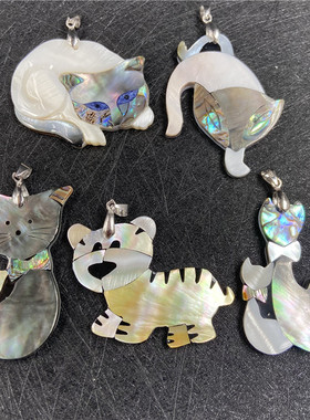 Animal Pendantl贝壳小猫项链 鲍鱼贝白贝拼接动物猫咪吊坠项链