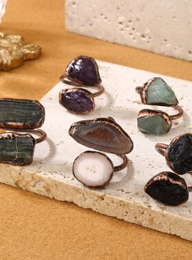 跨境复古天然紫晶绿碧玺黑陨石绿萤石等不定形古铜可调节双头戒指