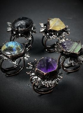 天然萤石欧美戒指古铜复古长石