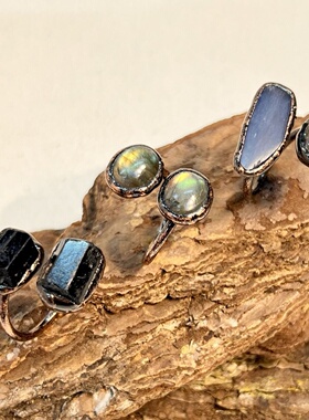 跨境复古风天然黑碧玺蓝晶拉长石不定形开口可调节个性欧美戒指