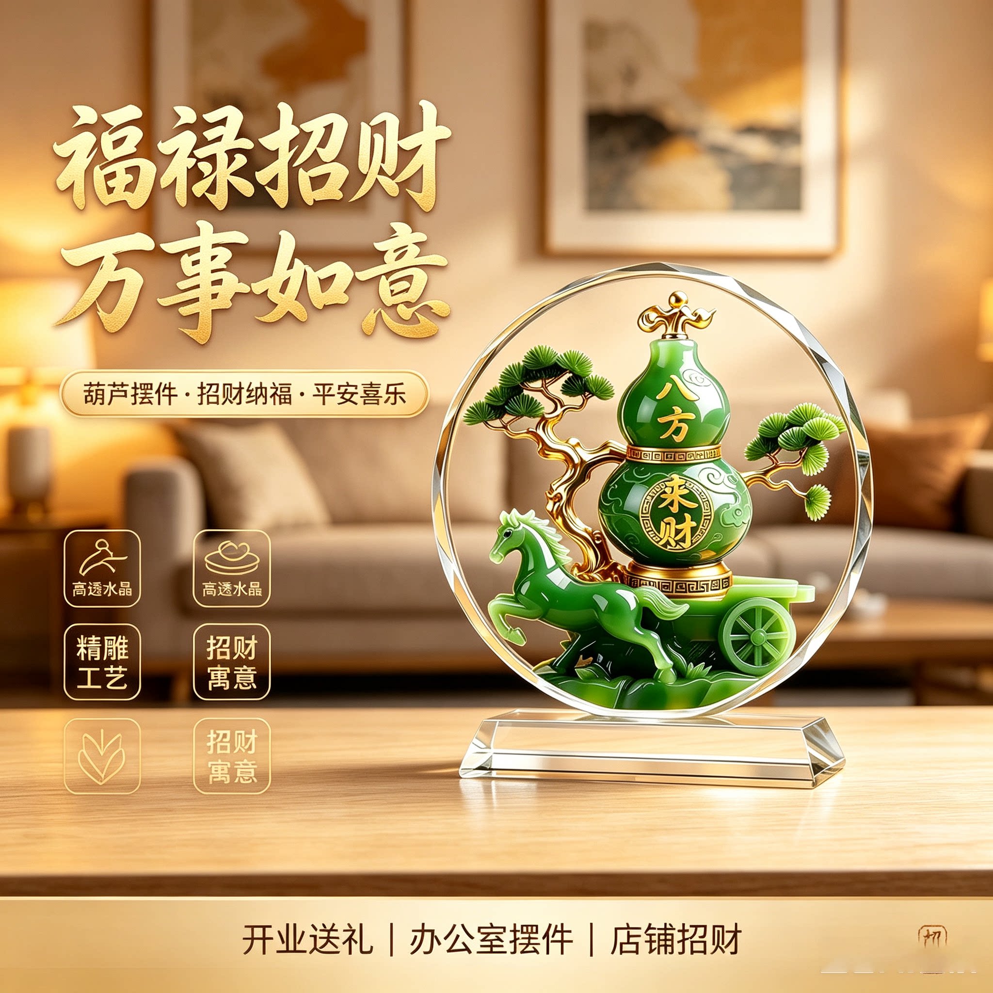 八方来财水晶摆件寓意装饰画翠玉葫芦开业乔迁送礼玄关办公室摆台