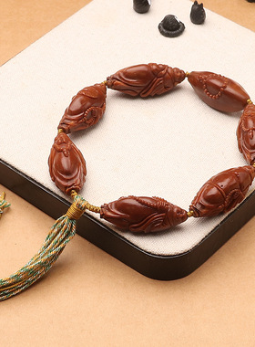 天然鸡血红老挝料收藏级手工雕刻六合同春弥勒佛文玩单圈手串把件