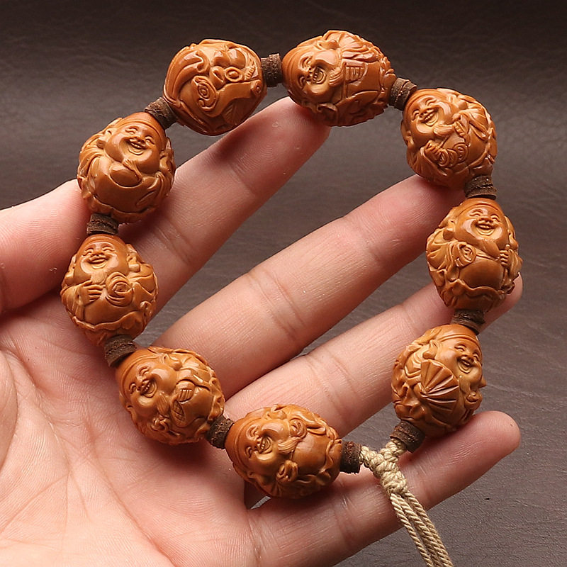 八大财神橄榄核手串手工雕刻爆红老料荷叶财神文玩单圈手链男盘玩