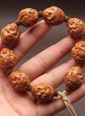 八大财神橄榄核手串手工雕刻爆红老料荷叶财神文玩单圈手链男盘玩