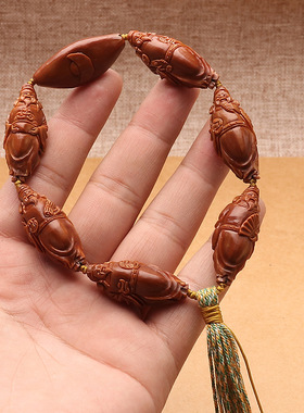 天然鸡血红老挝料收藏级手工雕刻六福财神文玩单圈八方来财男手串