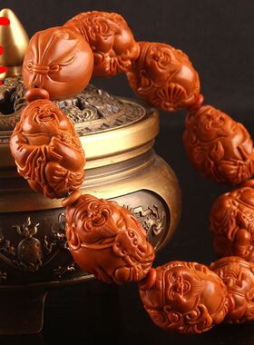 苏工八大财神橄榄核雕铁核手串 手工财神爷大籽橄榄胡手链男女