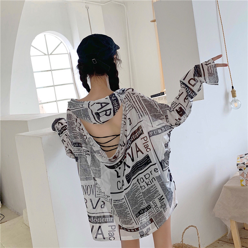 Europe station 2019 summer Versatile Newspapers pattern Borneol Sun shirt Hooded Backless Thin section Long sleevein the Women's clothing/Boutique , T-shirt  category - from Buy2taobao.com to provide professional Taobao agent buy service