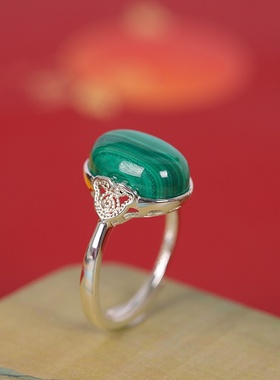 S925银镶孔雀石开口食指戒女戒指