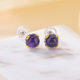 真的很好看天然紫水晶耳饰s925纯银水晶分色圆形祥云爪银耳钉女款