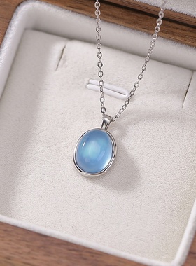 S925纯银海蓝宝蛋面简约锁骨链