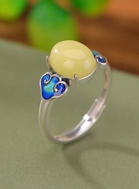 S925纯银蜜蜡景泰蓝祥云开口戒